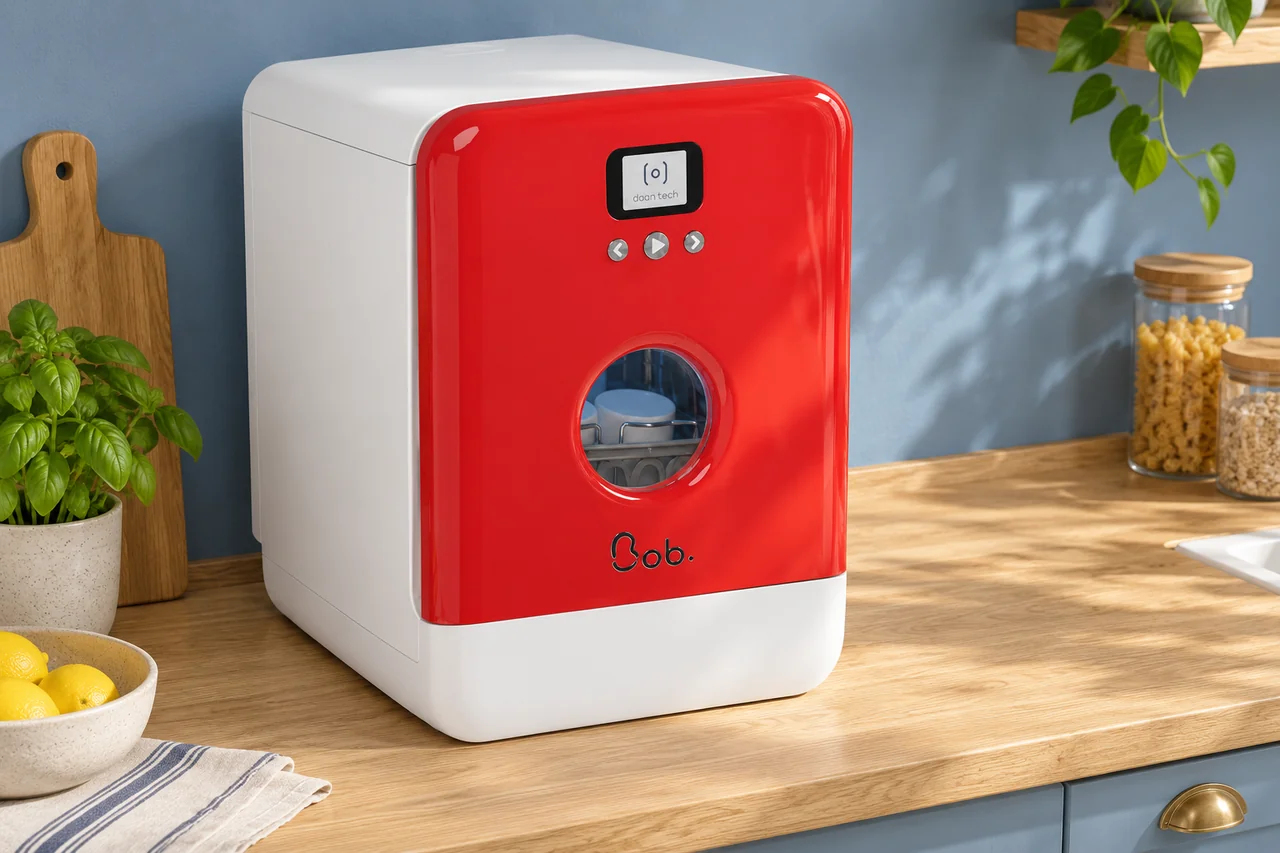 Bob Daan Tech blanc et rouge sur un plan de travail, mise en situation