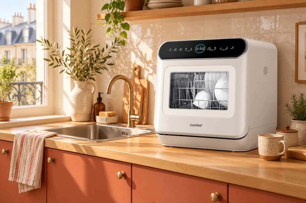 Mini lave-vaisselle COMFEE posé près de l’évier dans une petite cuisine lumineuse
